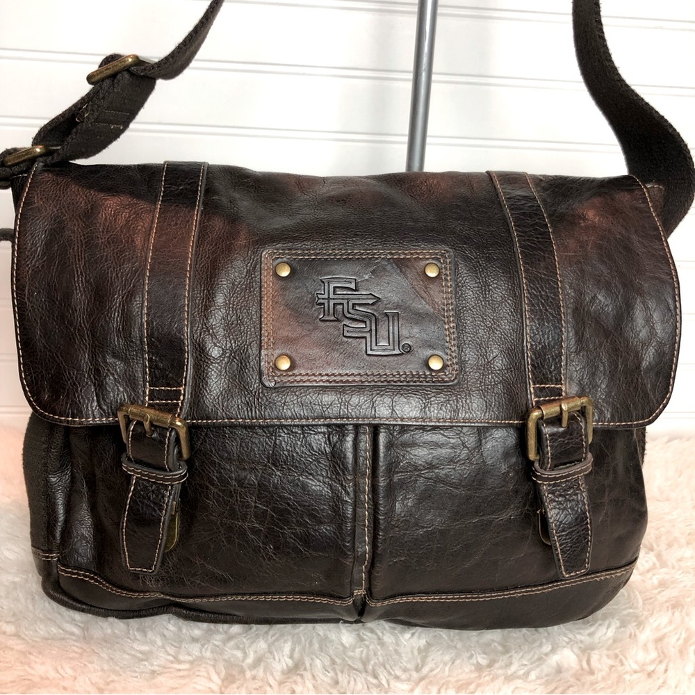 Florida State Gridiron Brown Leather Messenger Book Laptop Bag Seatbelt Strap